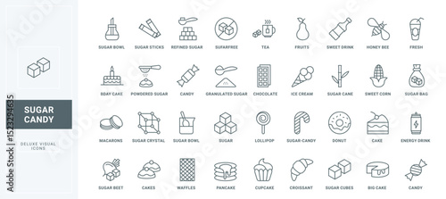 Crystal granulated sugar made from beet or cane in sachet stick, bowl and bag thin black outline symbols vector illustration. Sugar and sweets, bakery and confectionery products line icon set.