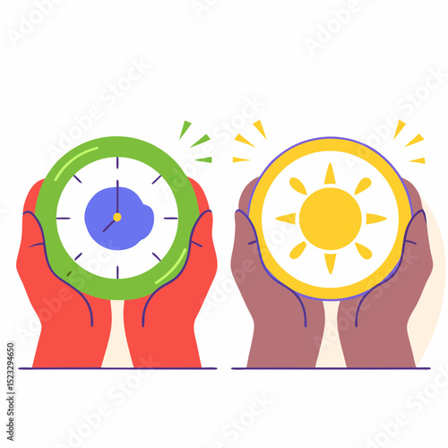 Two hands holding a clock and a sun. The clock is green and the sun is yellow. Concept of time and the importance of making the most of it