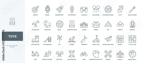 Toy car and sandbox equipment, locomotive and horse for baby boys, drum and kite thin black outline symbols vector illustration. Toys for kids games at home and on playground line icons set.