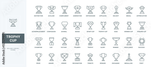 Winners award, goblet prize for victory in championship or contest, sport tournament or competition, champion reward thin black outline symbols vector illustration. Trophy cup line icons set.