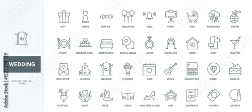 Bride and groom, gifts and wedding cake, honeymoon journey and flowers bouquet for bridal event, fireworks thin black outline symbols vector illustration. Wedding and marriage line icons set.