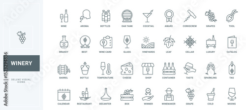 Wine alcohol to taste in restaurant and bar, shop menu thin black outline symbols vector illustration. Winery, making and testing grape wine, storage in box and barrel in cellar line icons set.