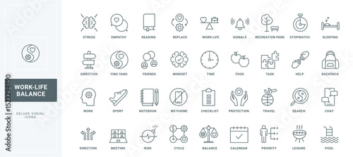 Search and plan tasks for office and leisure, meeting with friends and digital detox, sleep and travel thin black outline symbols vector illustration. Work life balance line icons set.