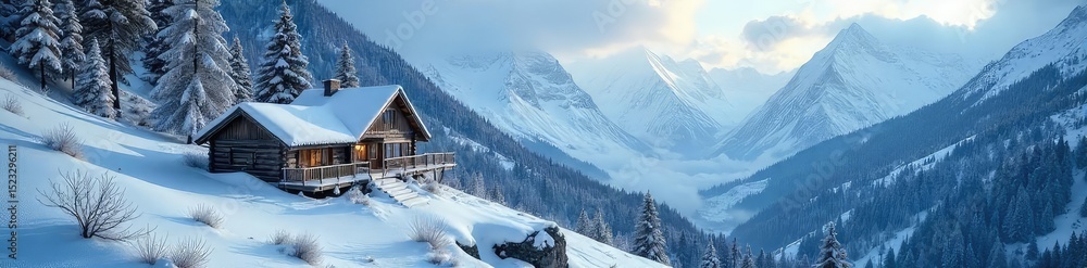 Fototapeta premium A lone cabin nestled deep within a snowy, secluded mountain valley, far from civilization Perfect winter isolation, untouched wilderness, serene tranquility , tranquil, icy, forest