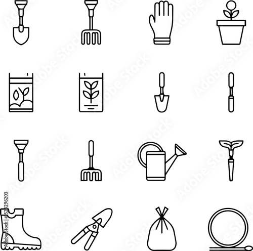 Gardening tools icons set black white line art design pot can hoe bag rake hose farm glove plant