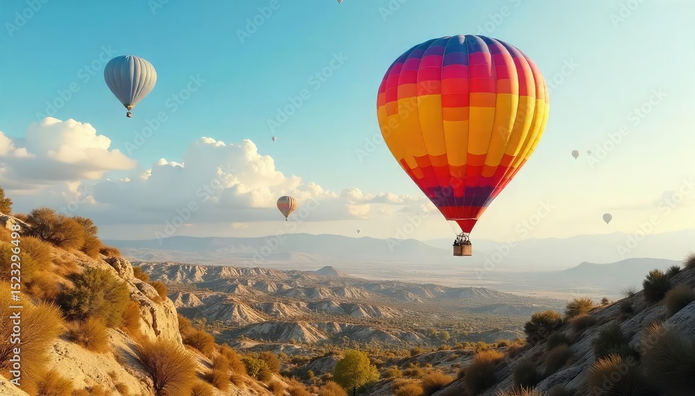 Naklejka premium A vibrant, brightly colored hot air balloon ascends above a muted landscape, symbolizing unique individuality and standing out from conformity , bright, distinctive