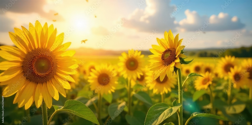 Obraz premium A vibrant sunbeam illuminates a field of sunflowers, buzzing with bees; a scene of pure, unadulterated joy and the simple beauty of nature's happiness , radiant, peaceful, golden