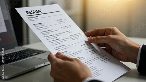 A professional holding a resume in an office setting.