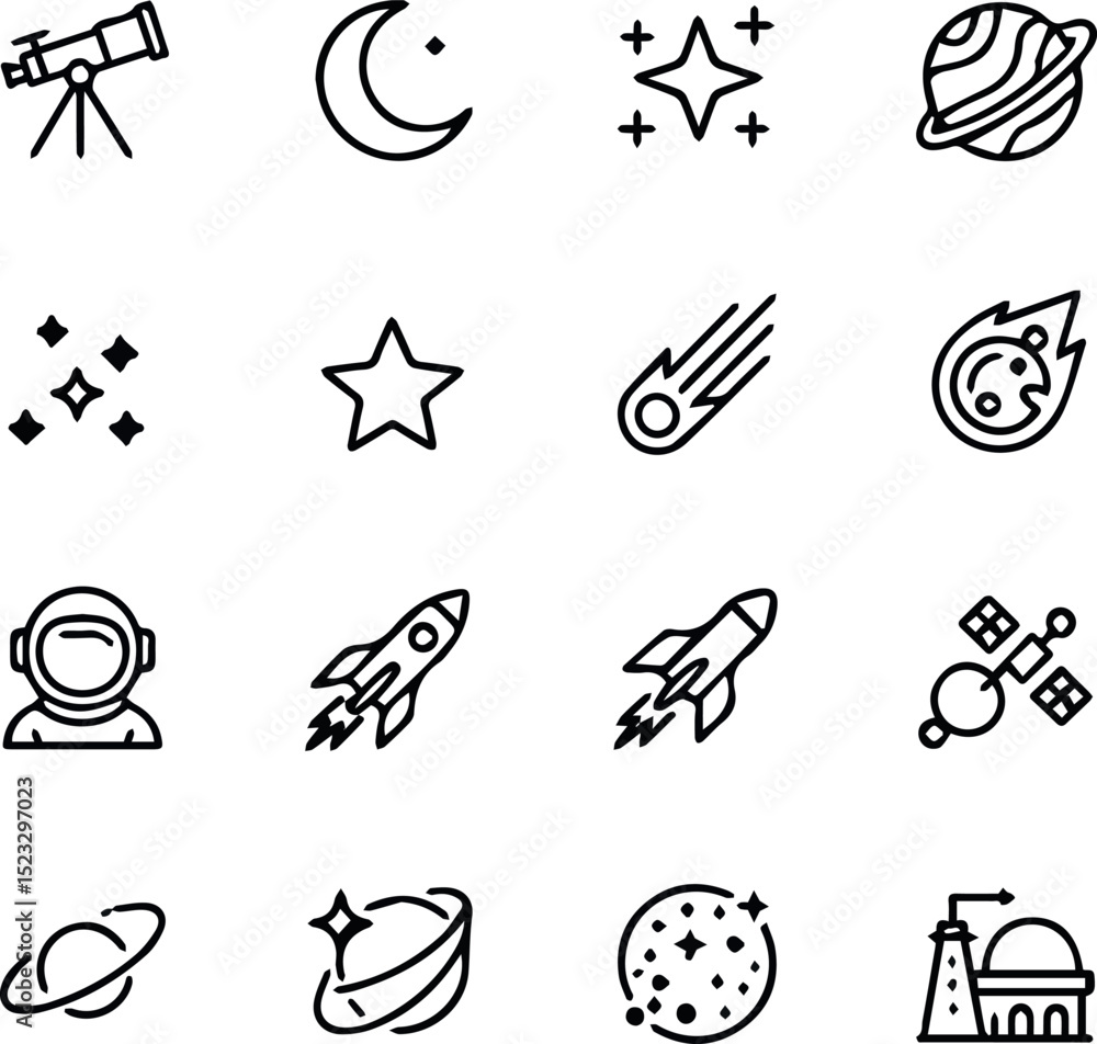 Fototapeta premium Space exploration icons set astronaut rocket stars planets galaxy universe art moon line flat comet