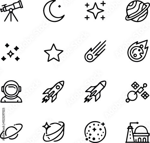 Space exploration icons set astronaut rocket stars planets galaxy universe art moon line flat comet