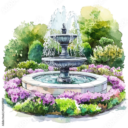 Park Fountain Blooming Bushes, watercolor clipart vector, high quality, isolated on a white background.