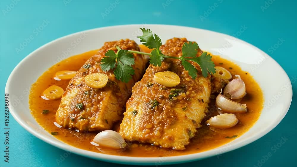 Fish with garlic and parsley on plate Fish with garlic and parsley on plate