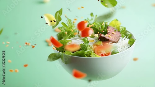 Flying salad with beef and fresh vegetables