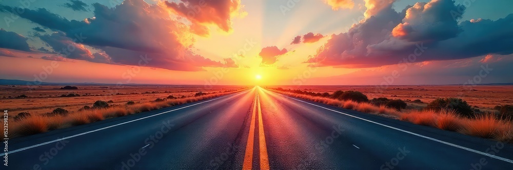 Naklejka premium Endless asphalt ribbon vanishing into the horizon, a classic example of road perspective Dramatic sky and vibrant colors add visual interest , long road, aerial view