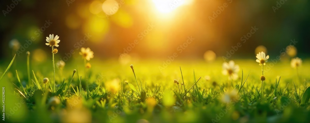 Obraz premium Golden hour sunlight bathes a tranquil summer scene Warm light illuminates lush green foliage, creating a peaceful and idyllic atmosphere Perfect for summer vacation themes , clouds, day