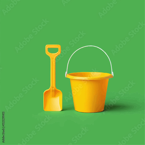 Yellow Bucket with Red Shovel on Green Background

