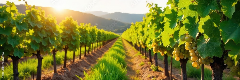 Naklejka premium Rows of lush green grape vines stretch across a sunny hillside, ripe bunches of grapes hanging heavy on the vines, ready for harvest The picturesque vineyard is bathed in warm sunlight , sun, summer