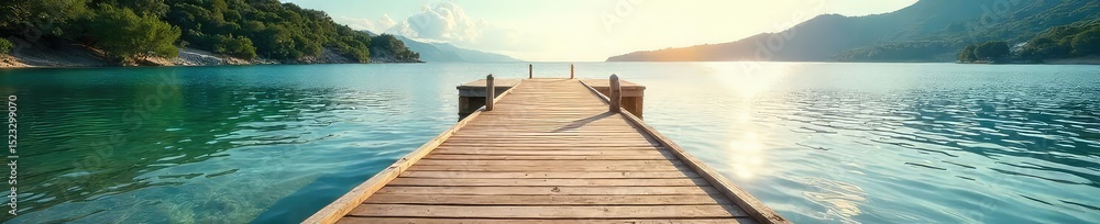 Fototapeta premium Tranquil scene of a wooden dock extending over calm waters towards a serene shoreline, bathed in soft sunlight Perfect for travel, nature, and relaxation themes , coastline, marina
