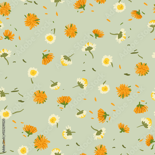 vintage dry chamomile and calendula tea in seamless pattern