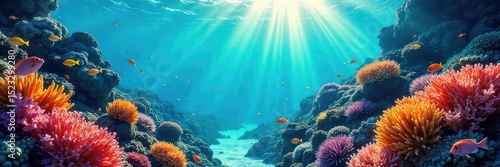 Vibrant underwater scene bursting with life; colorful coral reef, playful fish, dynamic water movement, sunlit ocean floor , environment, sunlight, movement