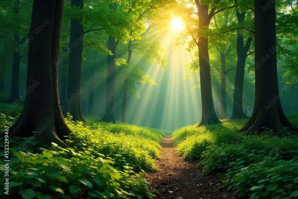 Obraz premium Sunlight dapples the forest floor, illuminating lush green foliage and towering trees in a vibrant display of natural beauty Perfect for nature, ecology, and environmental themes , texture, outdoor