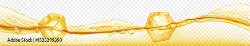 Three translucent ice cubes floating in water with waves, isolated on transparent background. Horizontal banner in yellow colors. Transparency only in vector format.