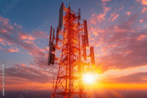 Tower with radiating light against a dramatic sky, featuring a blend of colors, textures, and sunlight