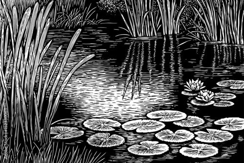 Black and white sketch vector of a peaceful pond with lily pads and reeds surrounding the water