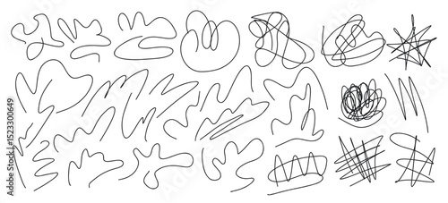 Vector set of hand drawn black messy swirl lines, scribble strokes, sprawling signatures, squiggles, messy curves for advertisement, mental struggling concept, chaotic way direction