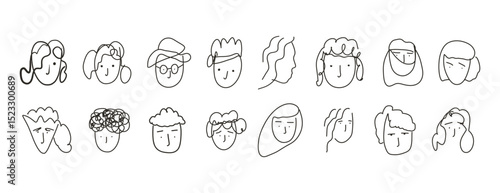 Set of cute doodle hand drawn linear human face portraits. Delicate outline black one line continuous drawing woman and man head silhouettes for poster and greeting card design, logo, sticker