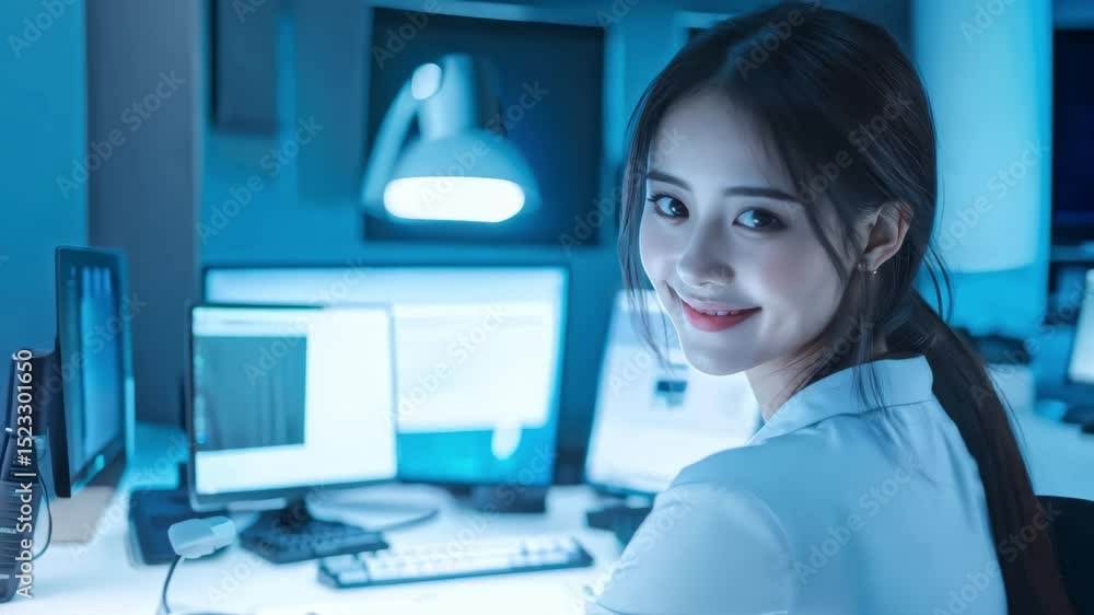 Young Woman Smiling Working in Modern Office Young Woman Smiling Working in Modern Office