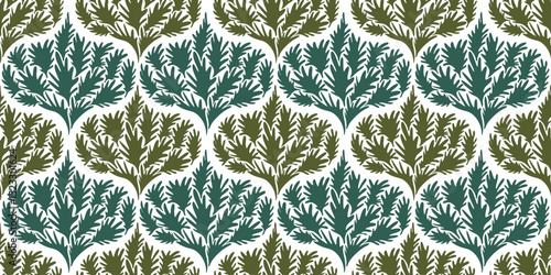 Bright aquamarine blue and khaki green vector hand drawn seamless pattern with decorative motif of tropical leaves. Botanical rainforest exotic leaf print for textile design, wrapping paper, surface