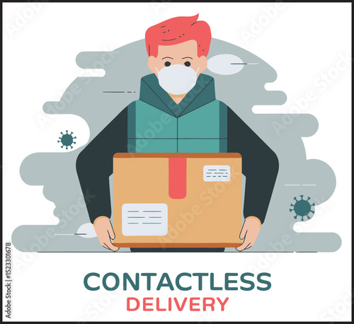 safe contactless delivery courier service, masked man., vector illustration.