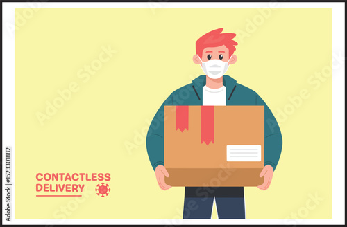 safe contactless delivery courier service, masked man., vector illustration.
