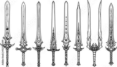 Intricate hand-drawn vector swords featuring unique designs with fantasy elements and detailed engravings
