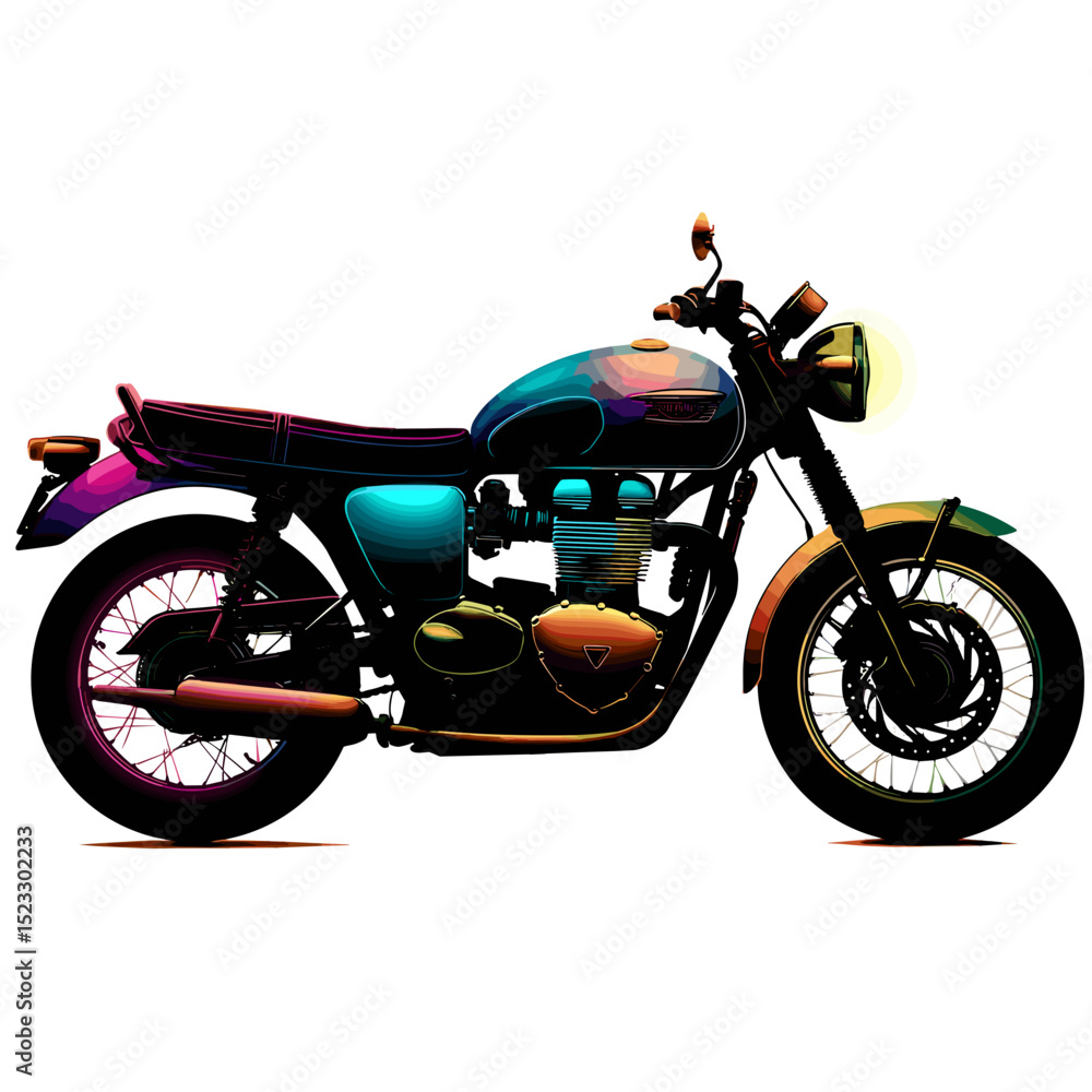 Obraz premium Colorful vector illustration of classic motorcycle side view isolated on transparent background.