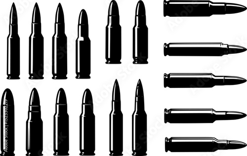 Set of Illustrations of bullets and cartridges in vintage monochrome style. Design element for logo, label, sign, emblem, poster. Vector illustration	