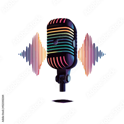 Colorful retro microphone with vibrant sound waves isolated on transparent background.

