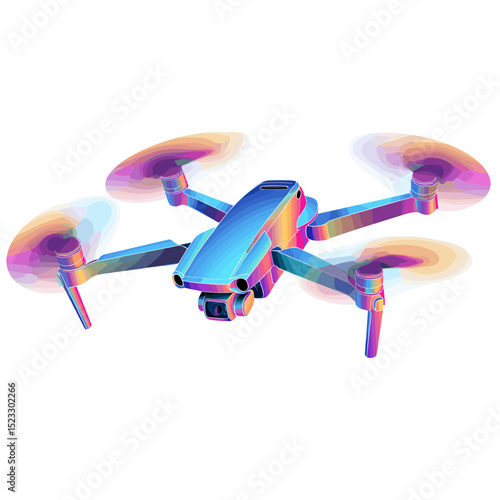 Futuristic neon glowing camera drone hovering isolated on transparent background.

