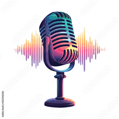 Stylized vector art of a retro microphone with colorful neon sound waves on transparent background.


