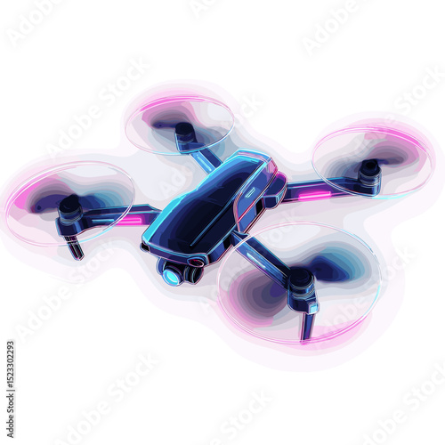 Stylized vector of a camera drone hovering with neon glowing propellers and futuristic design
