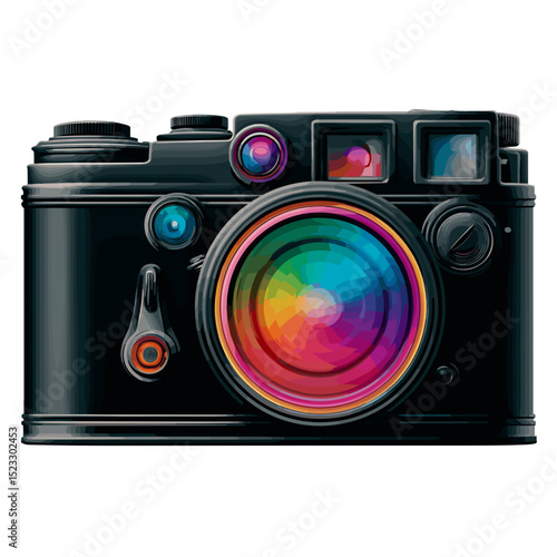 Vector art of vintage camera with rainbow reflection on lens, modern vibrant gradient style
