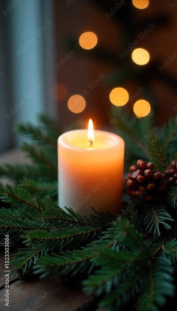 Serene image of a flickering candle nestled amongst fragrant pine branches, casting a warm, inviting glow Perfect for holiday, winter, or cozy home d?cor themes , nature, aromatherapy, home decor Serene image of a flickering candle nestled amongst fragrant pine branches, casting a warm, inviting glow Perfect for holiday, winter, or cozy home d?cor themes , nature, aromatherapy, home decor