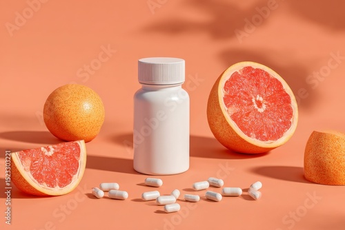 Bottle with Grapefruit and Pills