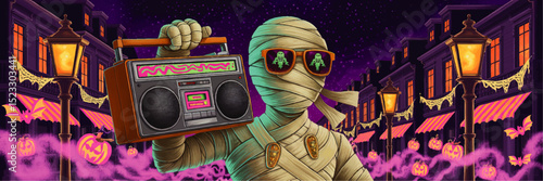Retro Halloween Mummy with Boombox on Spooky Street – Neon Pumpkins, Bats, and Festive Night Party Scene Illustration