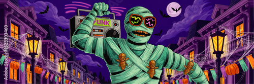 Cool Funky Mummy with Boombox Halloween Street Party Illustration – Vibrant Night Scene with Bats, Pumpkins, and Festive Decorations