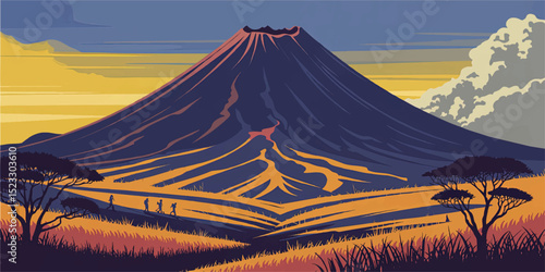 Stunning Vector Illustration of Mount Kilimanjaro at Sunrise with Hikers and African Savannah Landscape