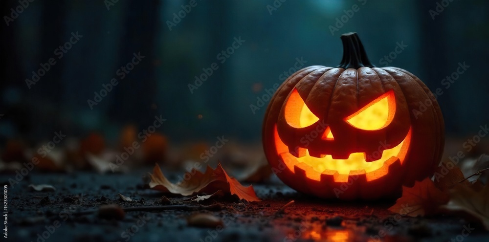 A spooky jack-o'-lantern carved pumpkin glows eerily in the dark, illuminated from within, casting a warm, orange light Perfect for Halloween, autumn, and fall themes , fall, autumn decor A spooky jack-o'-lantern carved pumpkin glows eerily in the dark, illuminated from within, casting a warm, orange light Perfect for Halloween, autumn, and fall themes , fall, autumn decor