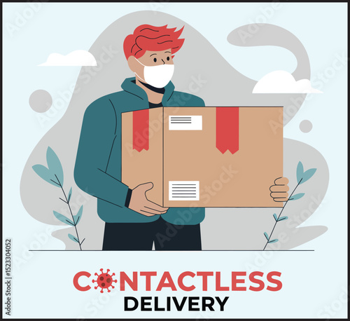 safe contactless delivery courier service, masked man., vector illustration.