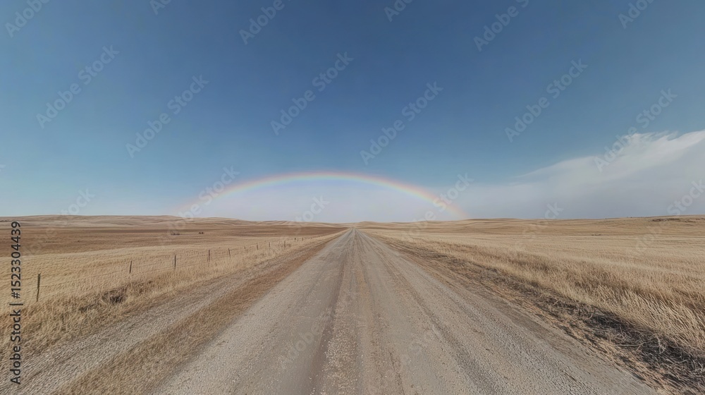 Naklejka premium A full rainbow arches over a long, straight dirt road cutting through a vast, flat, dry, golden-brown prairie under a mostly clear, pale blue sky.